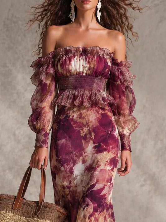 Aurora Maxi Dress Asymmetric Satin Green With Print Floral Neckline In V And Sleeves Acampanadas With Ruffles – Sienna Noosa