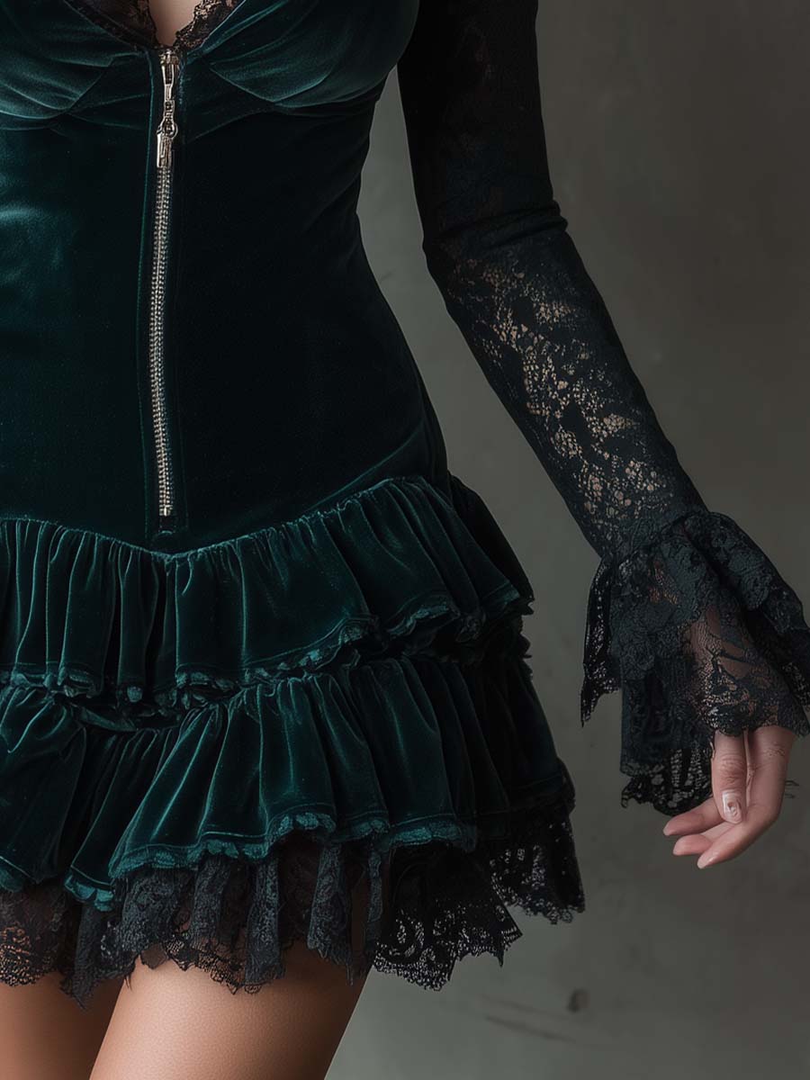Agata Dark Green Velvet Mini Dress with Lace Sleeves – Sienna Noosa