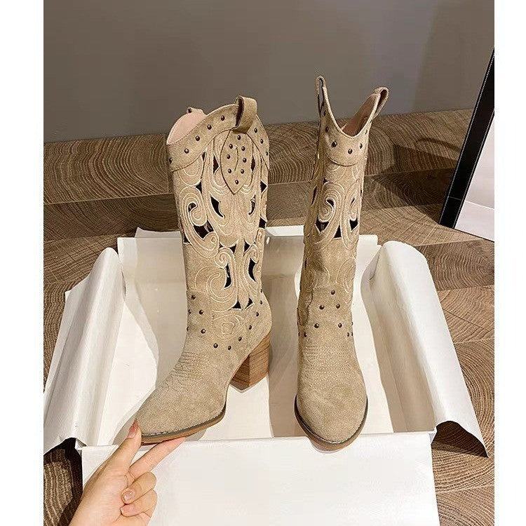 Suede Chunky Heel Embroidered Openwork Western Boots – Sienna Noosa