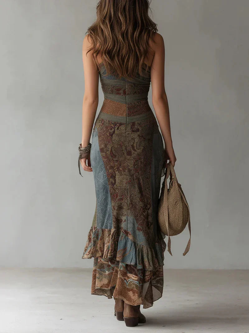 Noa Midi Dress Blue With Print Floral Inspired Oleo And Details Lace – Sienna Noosa