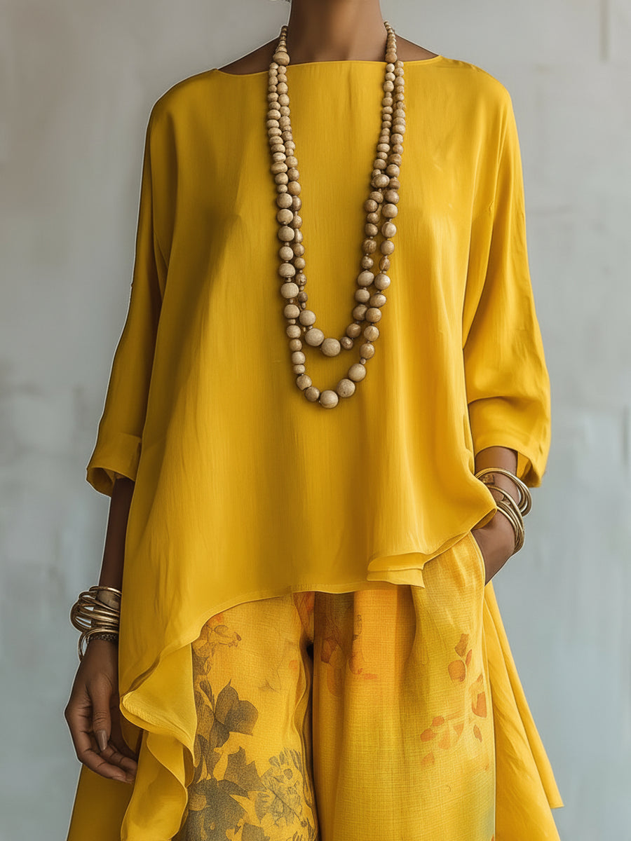 Yellow Asymmetrical Top and Floral Wide Leg Pants Set – Sienna Noosa