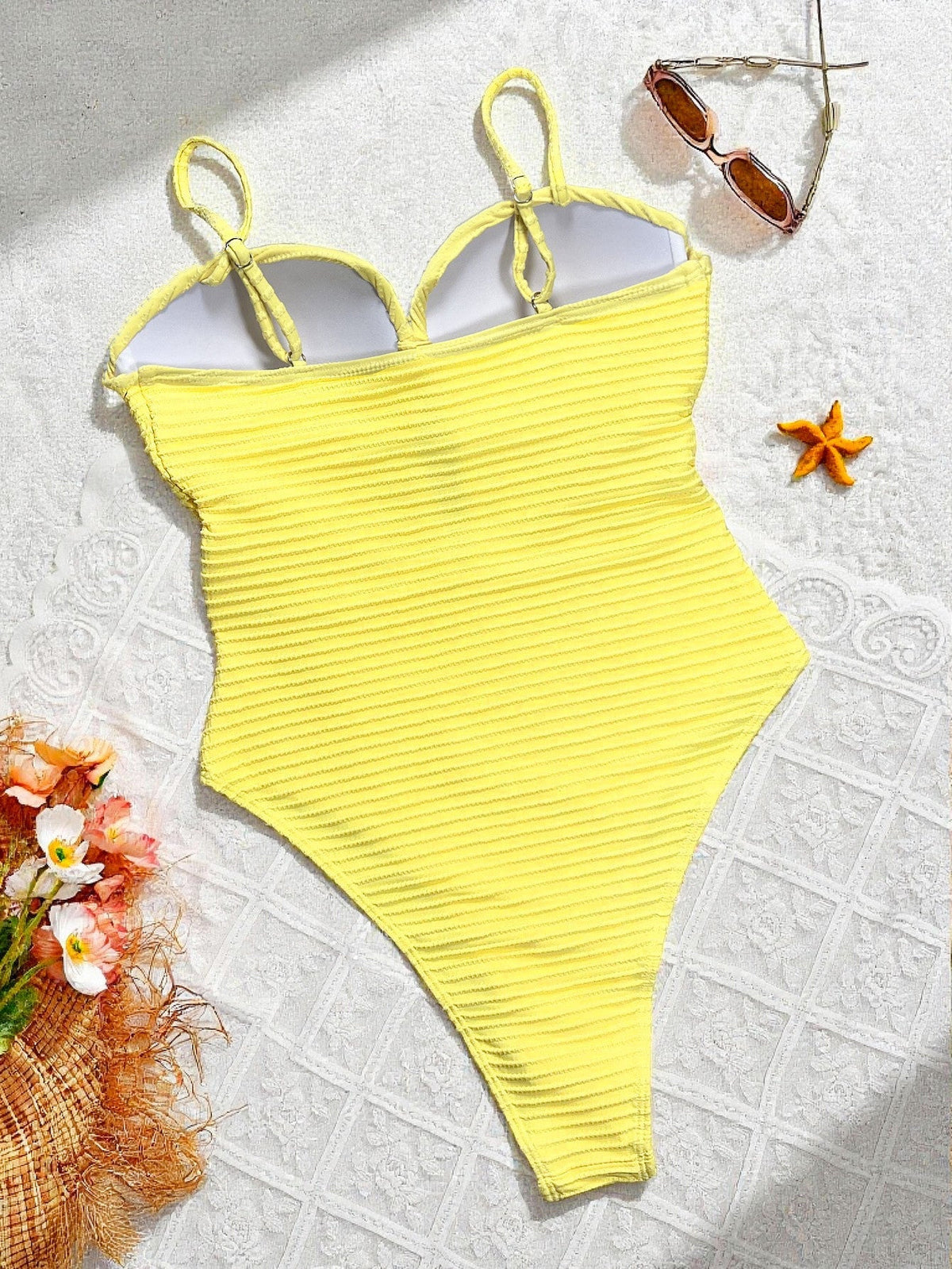 Solid-Color Vertical-Striped Openwork Tie-Side One-Piece Swimsuit – Sienna Noosa