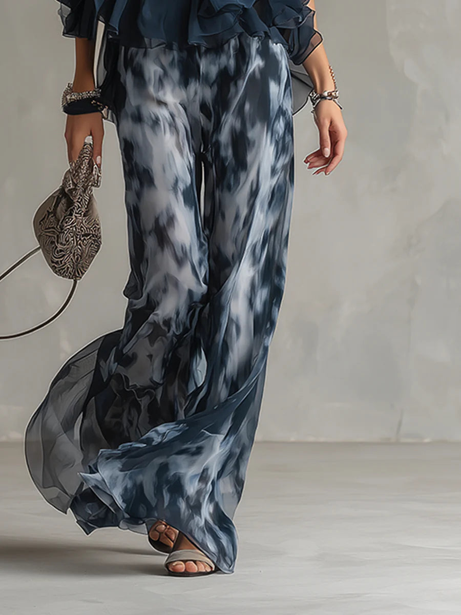 Navy Halter Neck Top and Printed Wide Leg Pants Chiffon Set – Sienna Noosa