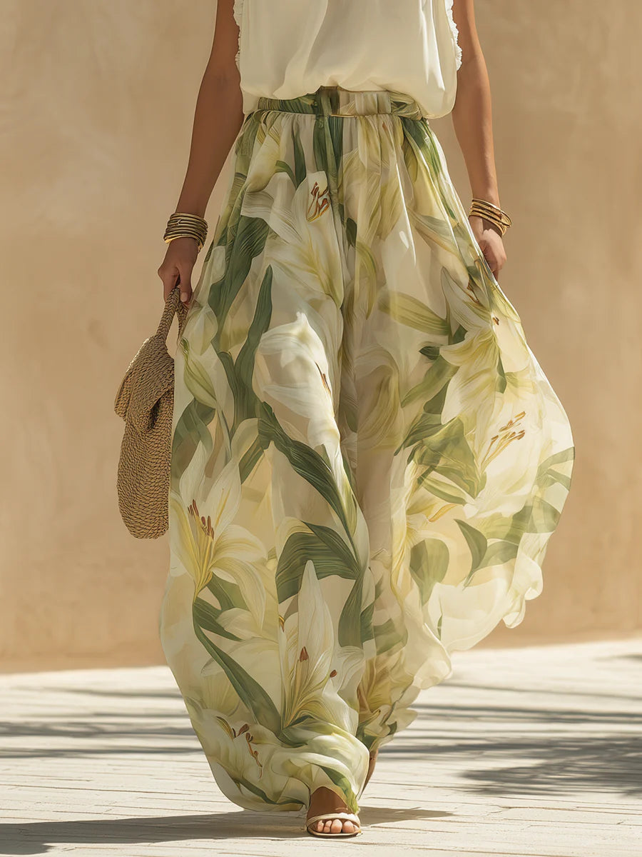 Vacation Chiffon Ruffled Sleeveless Top and Lily Print Pants Set – Sienna Noosa