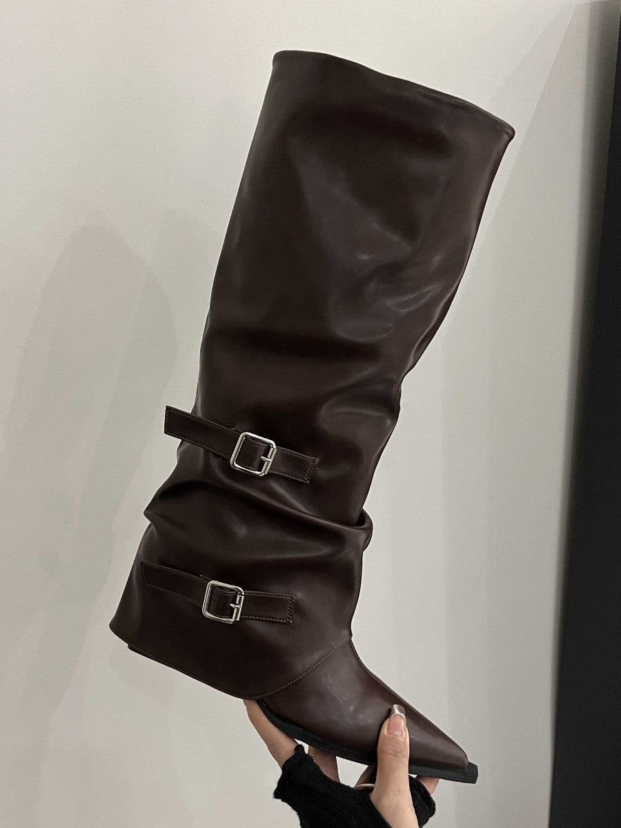 High-top belt buckle pointed toe thick-heeled boots – Sienna Noosa