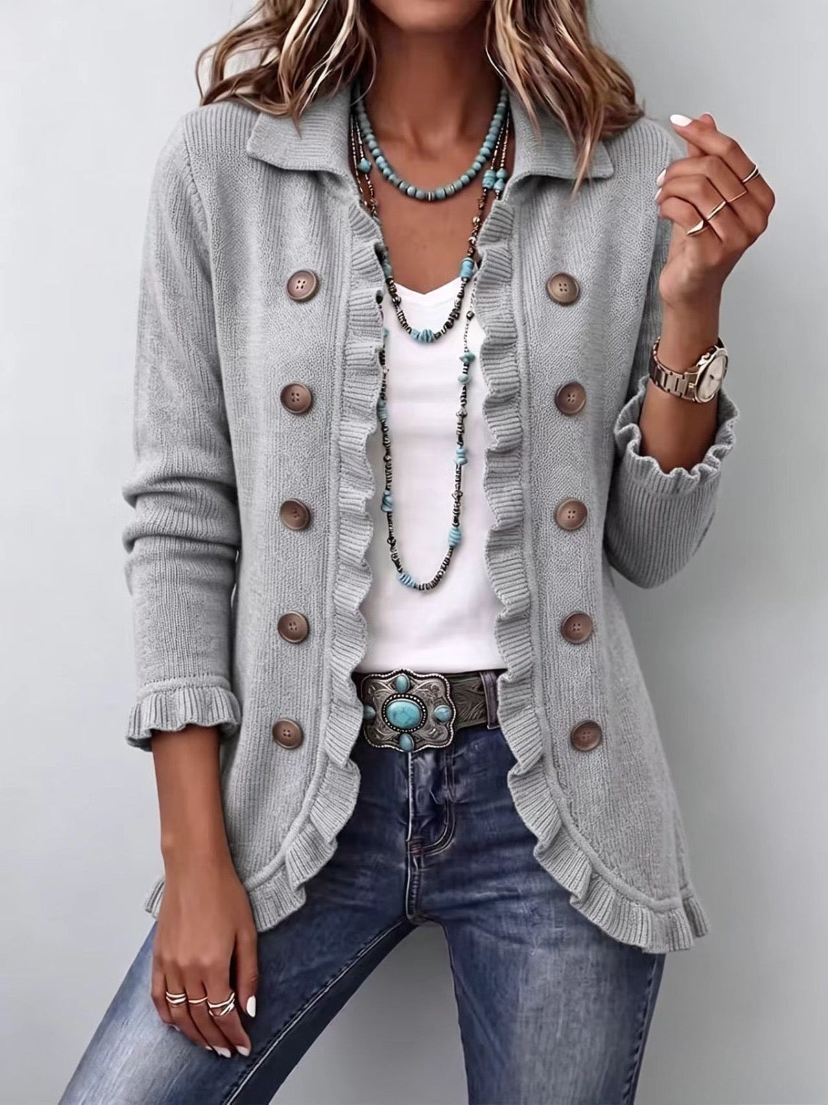 Eloísa Eloisa Jacket Knit Grey Marled With Ruffles – Sienna Noosa