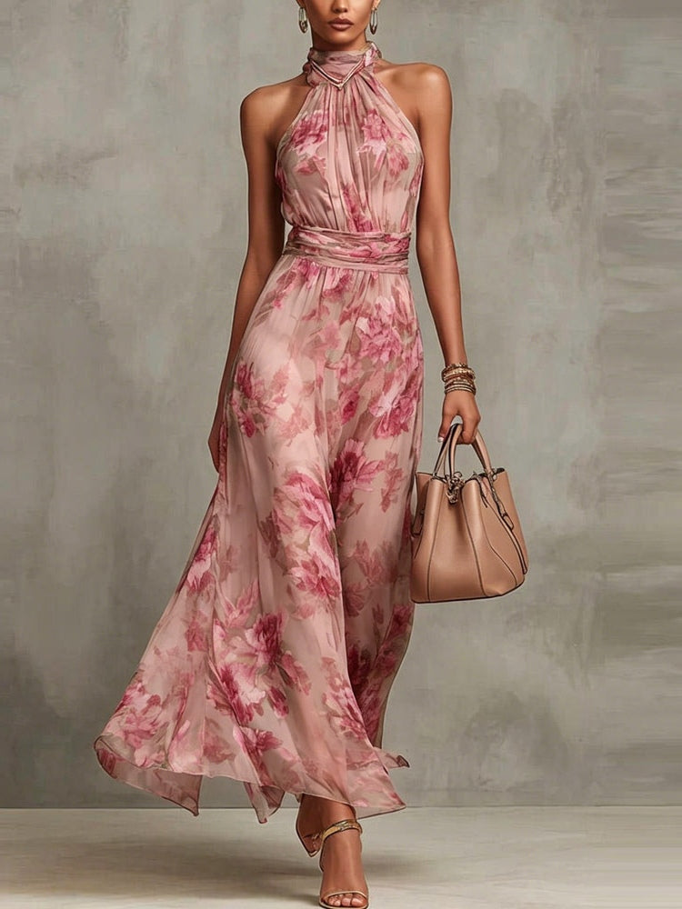 Pink Floral Chiffon Halter Maxi Dress – Sienna Noosa