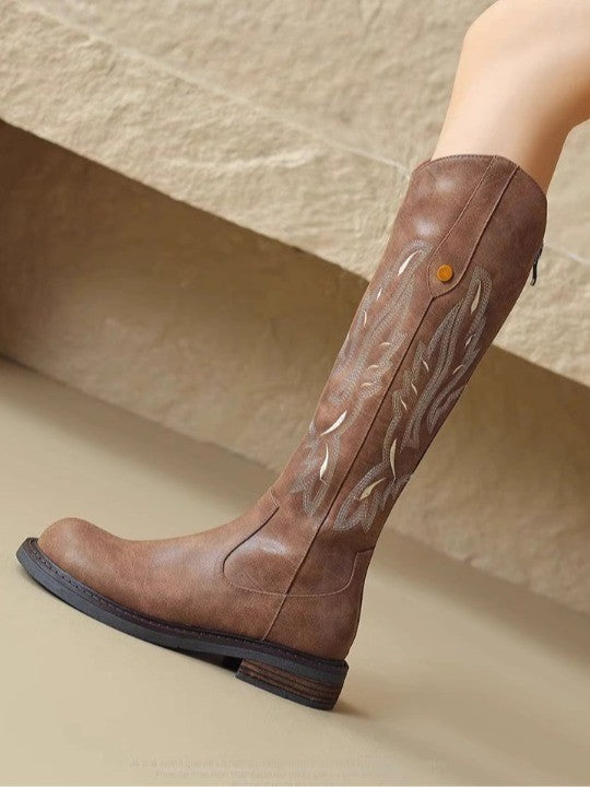Brown embroidered back zipper long boots – Sienna Noosa