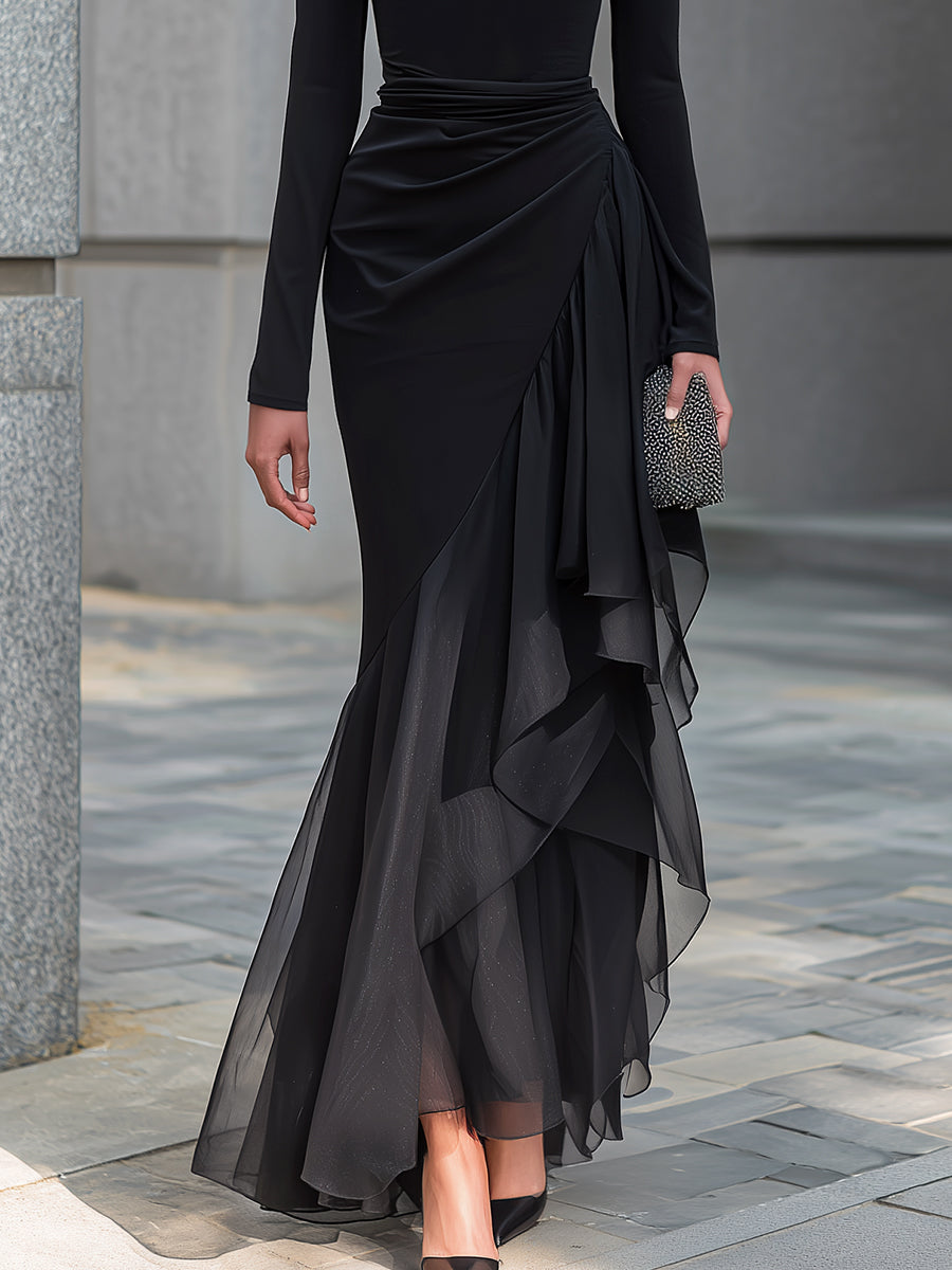 Black Draped Off Shoulder Cowl Neck Long Sleeve Chiffon Ruffle Mermaid Maxi Dress – Sienna Noosa