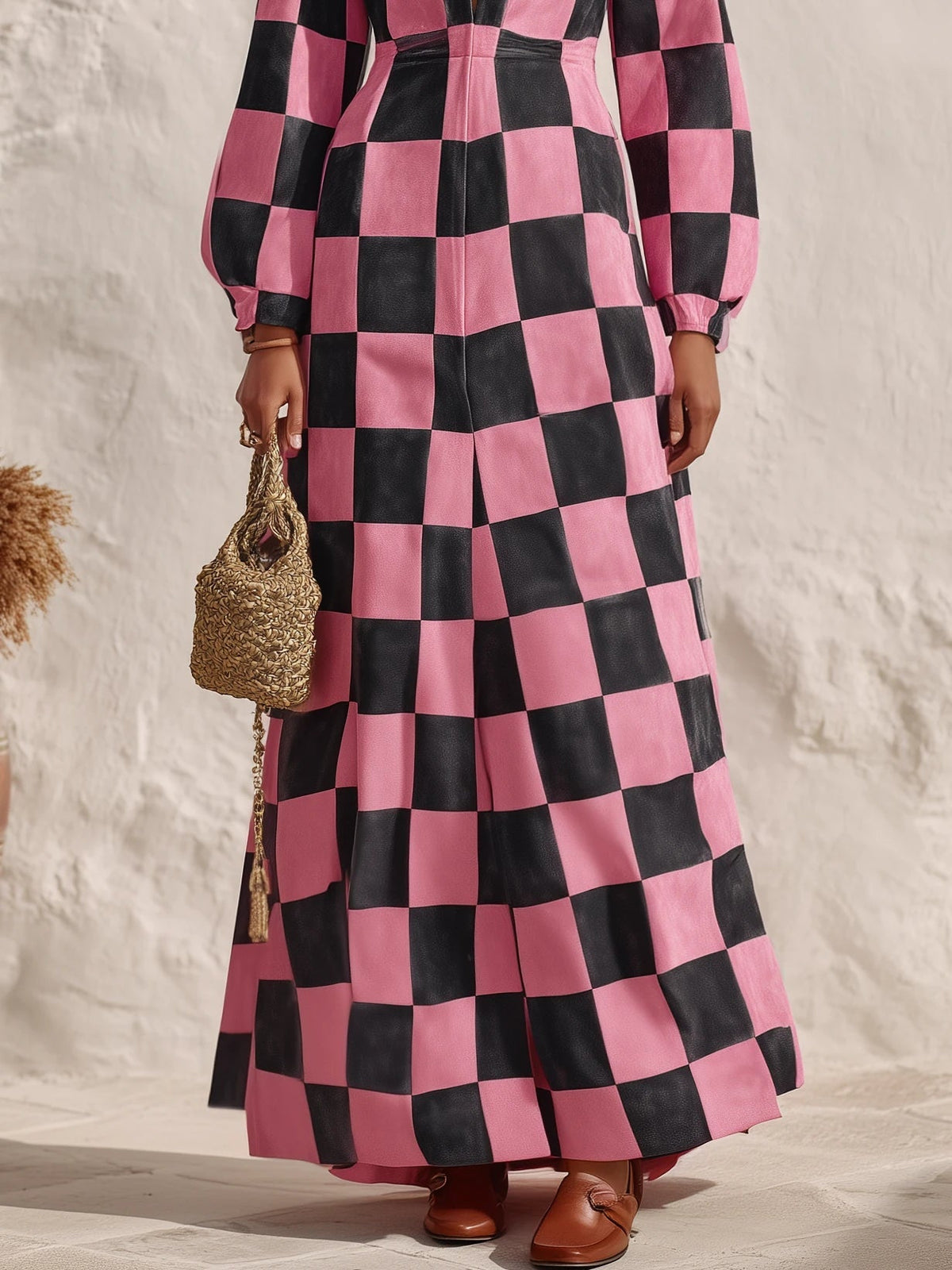 Begoña Pink Black Checkerboard Deep V Faux Suede Maxi Dress – Sienna Noosa
