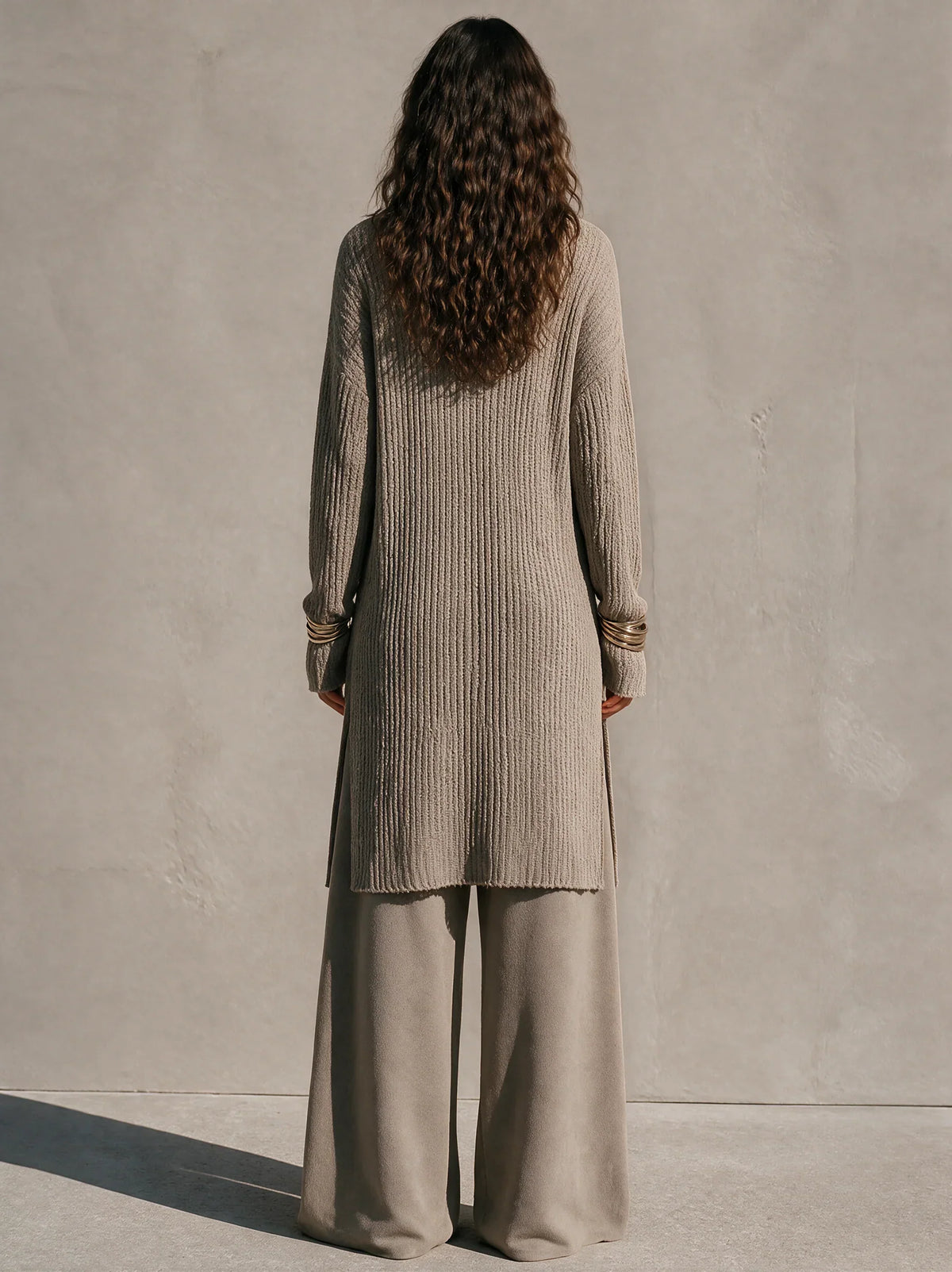 Damaris Womens V Neck Long Sleeve Tunic Top High Waist Wide Leg Pants Casual Linen Blend Textured Knit Two-Piece Set Outfit – Sienna Noosa