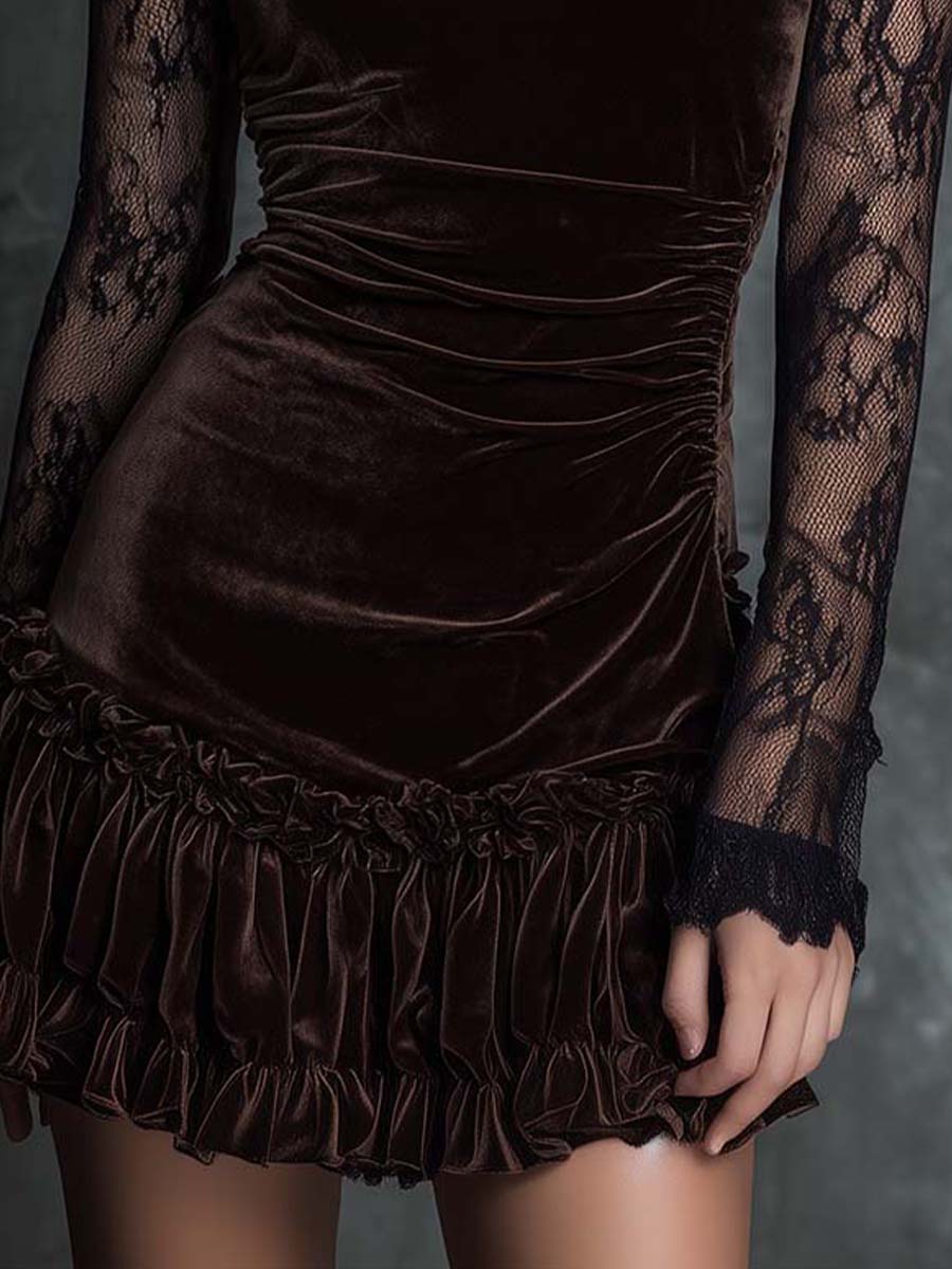 Gabriela Chocolate Velvet Lace Gothic Pleated Mini Dress – Sienna Noosa