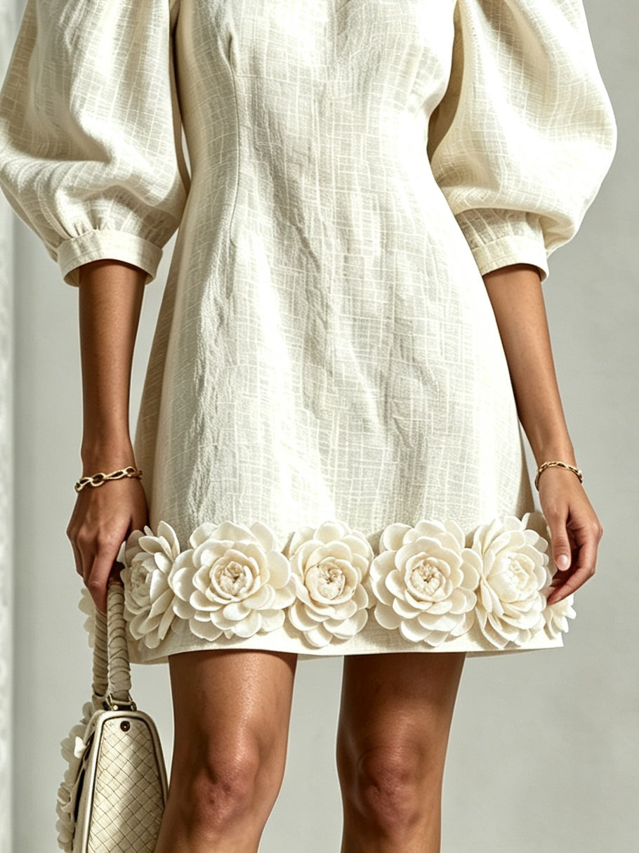 White 3d Floral Puff Sleeve Cotton Linen Mini Dress – Sienna Noosa