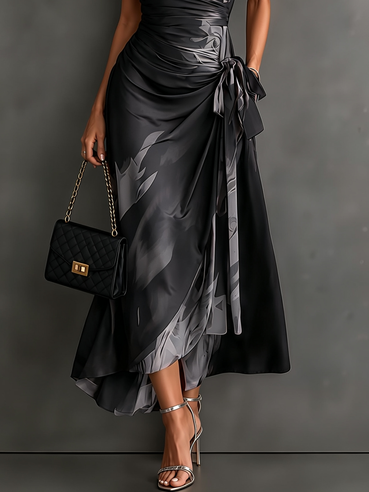 Grey Black Abstract Print Wrap Midi Dress Collared V Neck Short Sleeve Tie Waist Ruffled High Low Hem Dress – Sienna Noosa