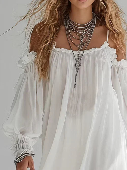Iliana Sigrid Bla Miniklanning Med Off Shoulder Rynkad Midja Och Spetskant – Sienna Noosa