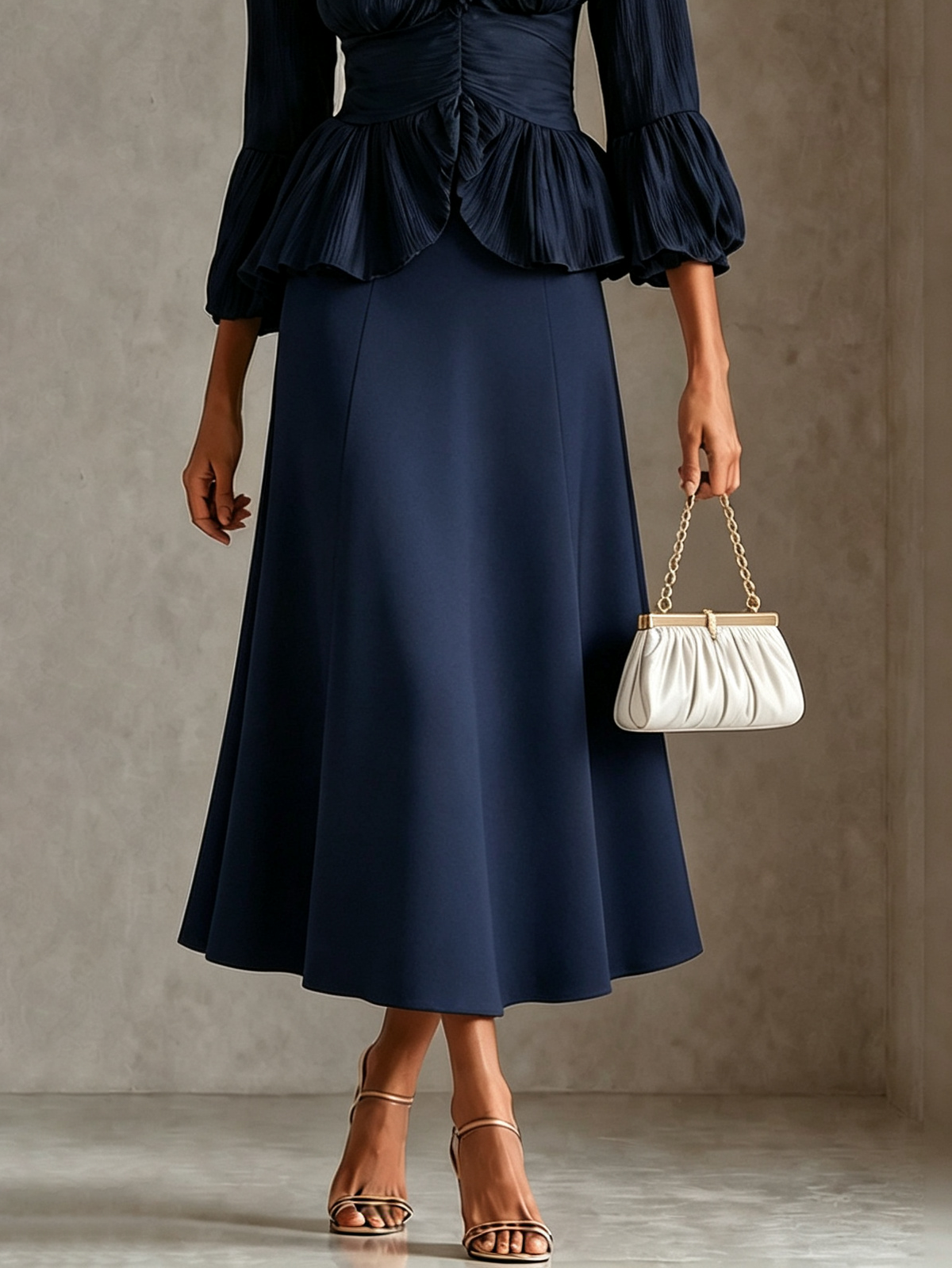 Womens Navy Ruffled V Neck Peplum Blouse High Waist A-line Line Midi Skirt Two-Piece Outfit – Sienna Noosa