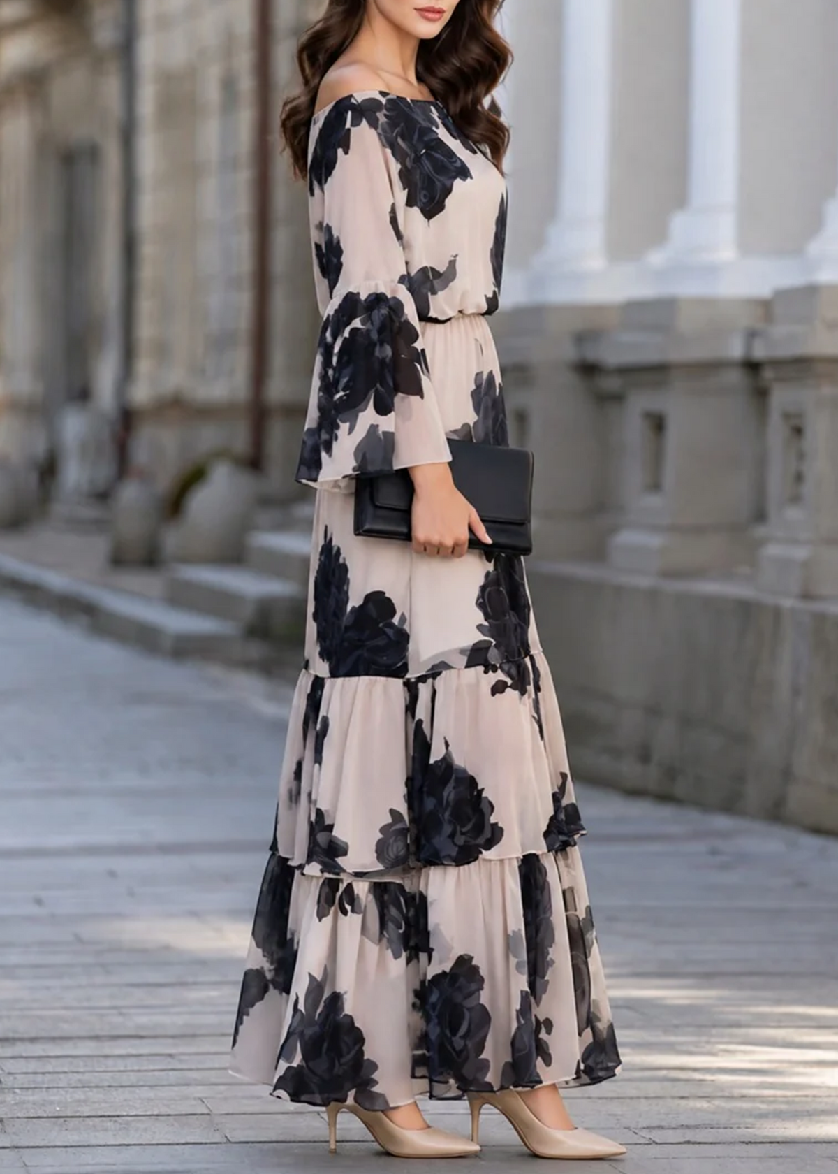 Beige Off Shoulder Printed Ruffle Hem Elegant Maxi Dress – Sienna Noosa