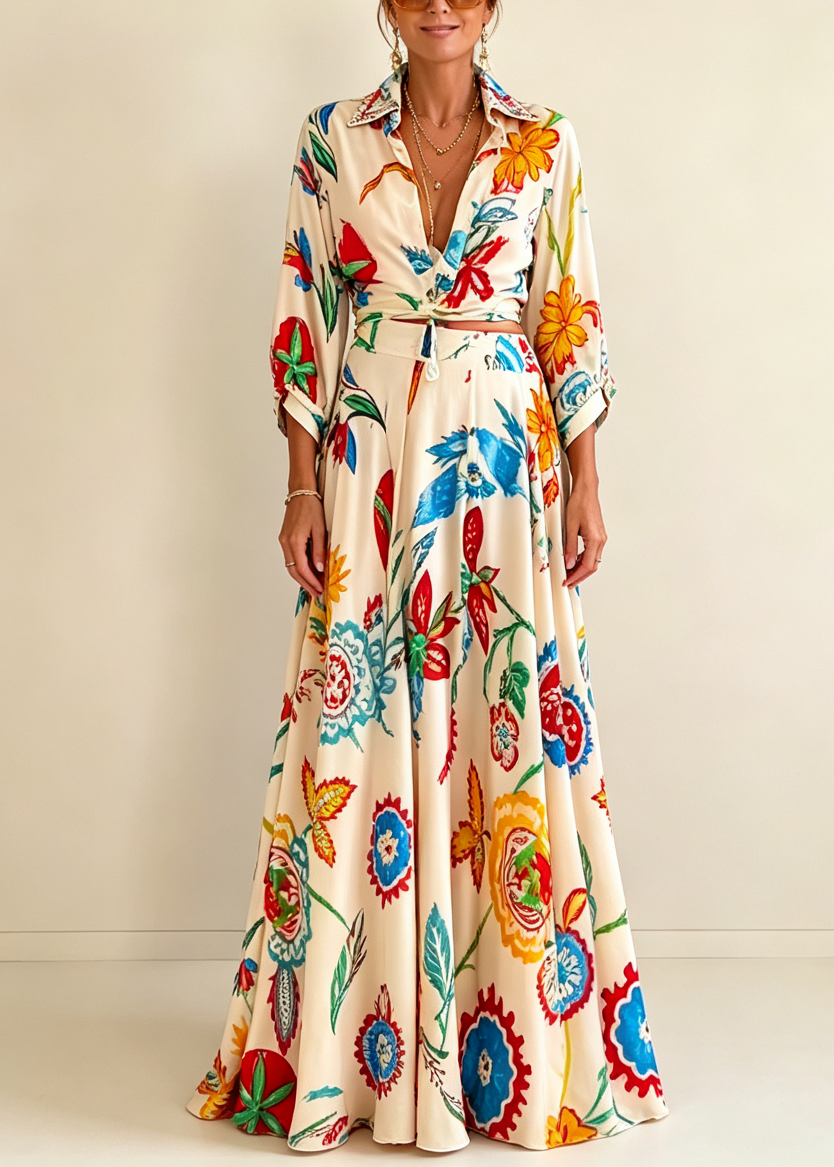 Vacation Tropical Floral Print Waist Tie Shirt Maxi Skirt Boho Two-Piece Set – Sienna Noosa