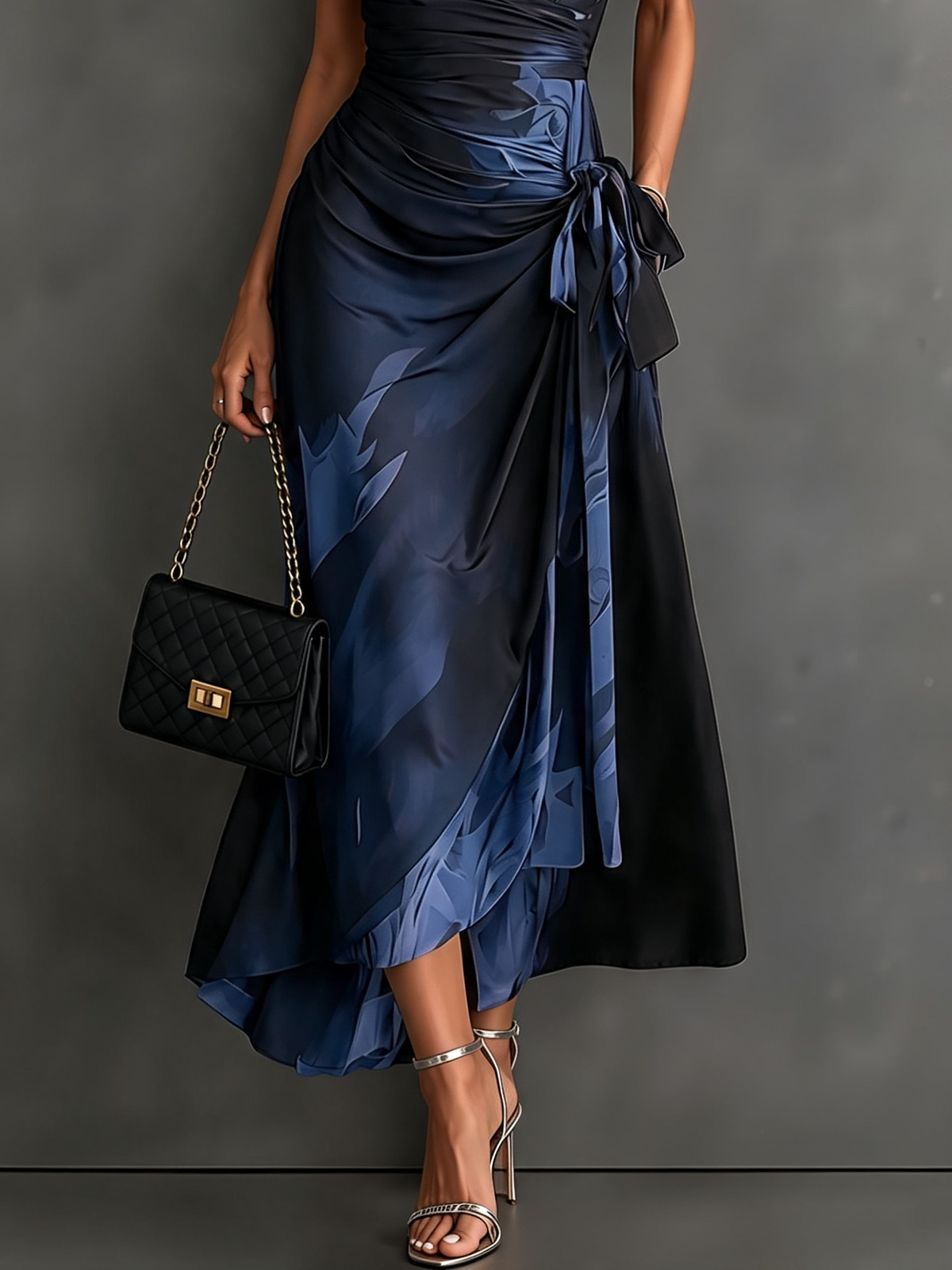 Blue Black Abstract Print Wrap Midi Dress Collared V Neck Short Sleeve Tie Waist Ruffled High Low Hem Dress – Sienna Noosa