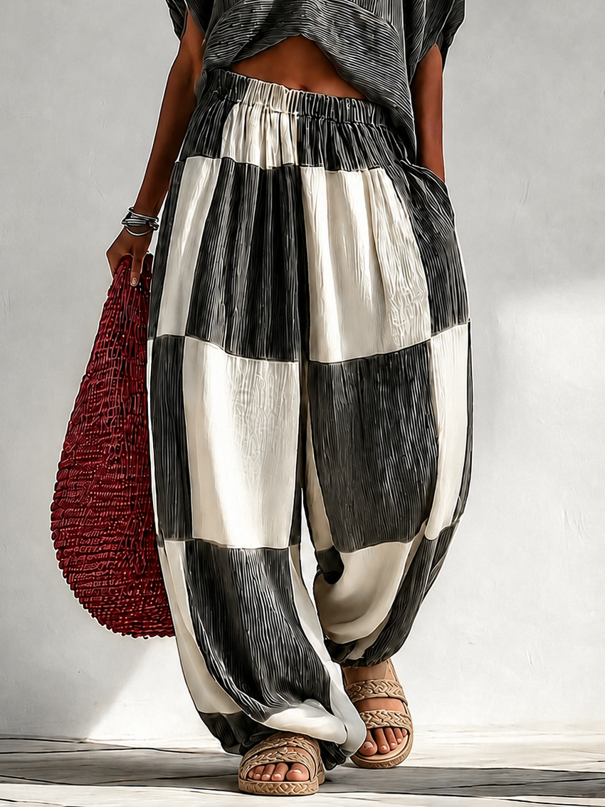 Pleated Crop Top Colour Block Wide Leg Plaid Pants Two-Piece Vacation Set – Sienna Noosa