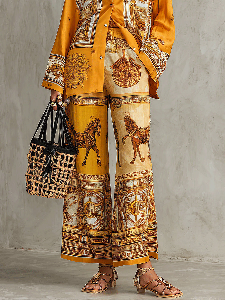 Orange Baroque Print Long Sleeve Shirt Wide Leg Pants Two-Piece Set – Sienna Noosa