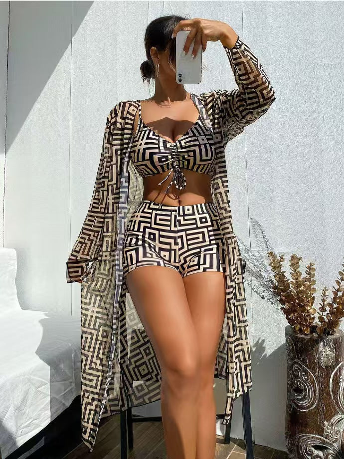 Women's Rectangular Printed Two-Piece Swimsuit and Cover-Up Three-Piece Set – Sienna Noosa