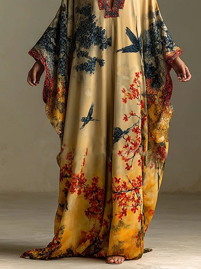 Red Maple Blossom and Bird Art Print Batwing Sleeve Long Robe Dress – Sienna Noosa