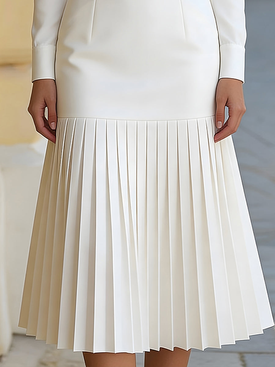 White Turtleneck Long Sleeved Pleated Midi Dress with Belt – Sienna Noosa