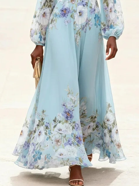 Light Blue V Neck Chiffon Printed Maxi Dress – Sienna Noosa