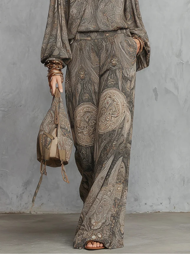 Grey Paisley Patterned Lantern Sleeve Top and Wide Leg Trousers Suit – Sienna Noosa