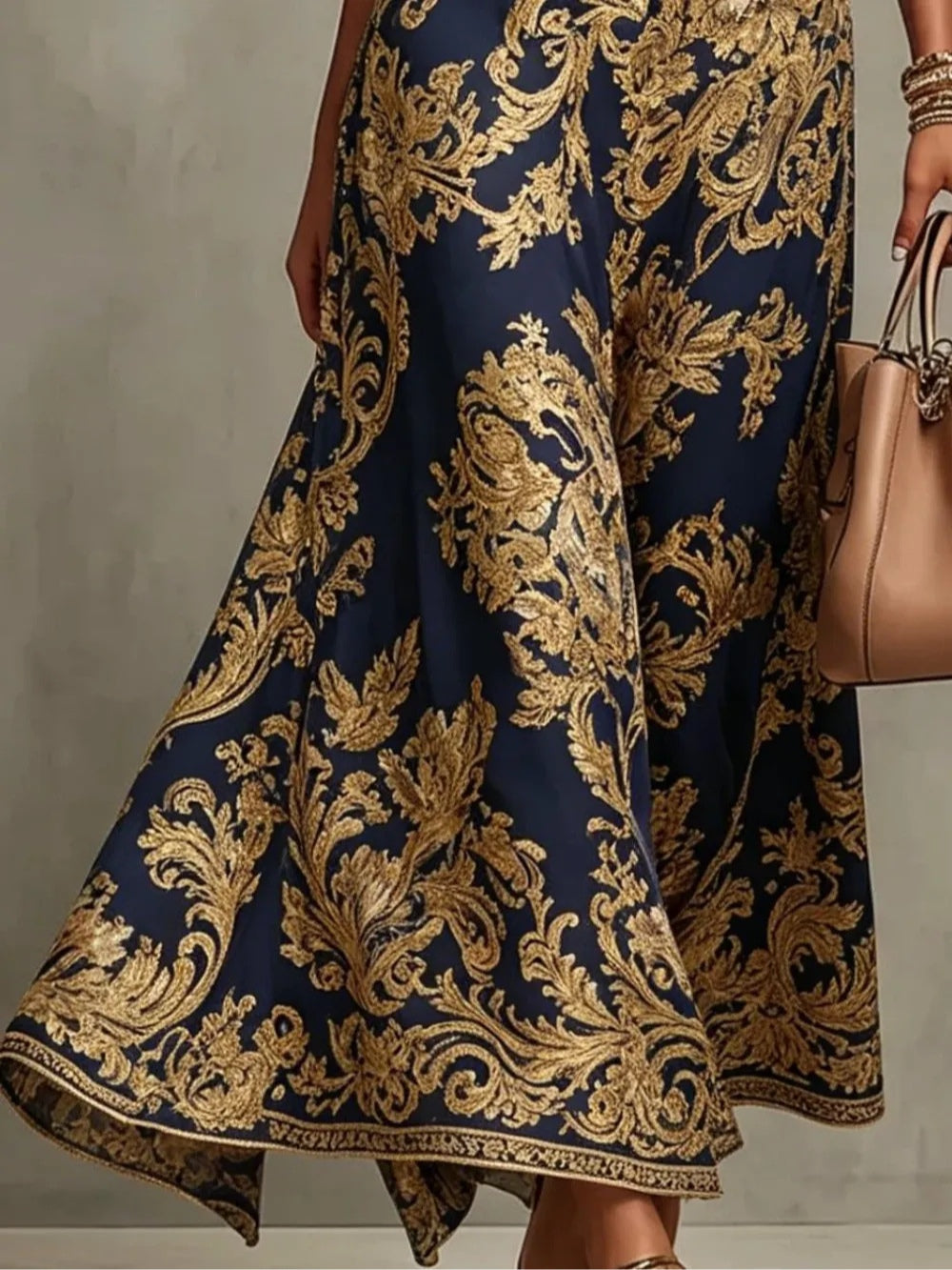 Navy Blue and Gold Baroque Print Halter Neck Sleeveless Maxi Dress – Sienna Noosa