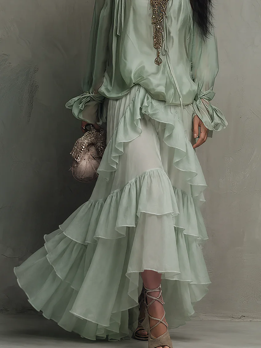 Agata Mint Green Chiffon Ruffled Top Paired with A-line Layered Skirt Set – Sienna Noosa