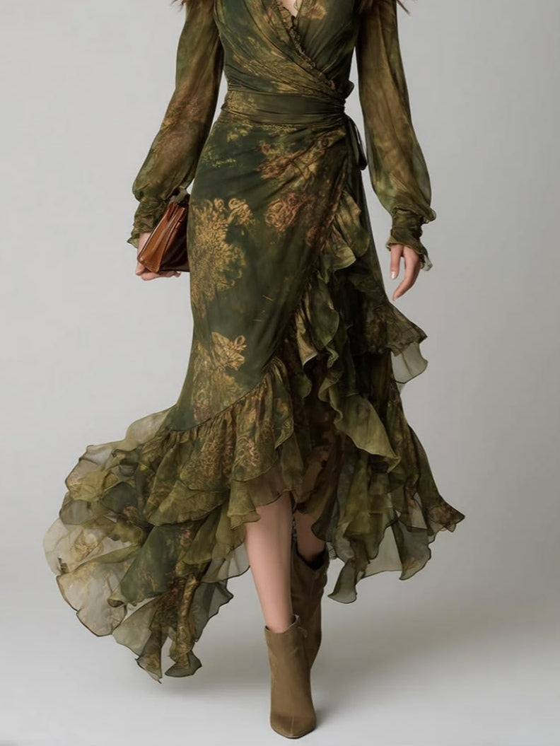 Green Floral Print Irregular Layered Ruffle Chiffon Maxi Dress – Sienna Noosa