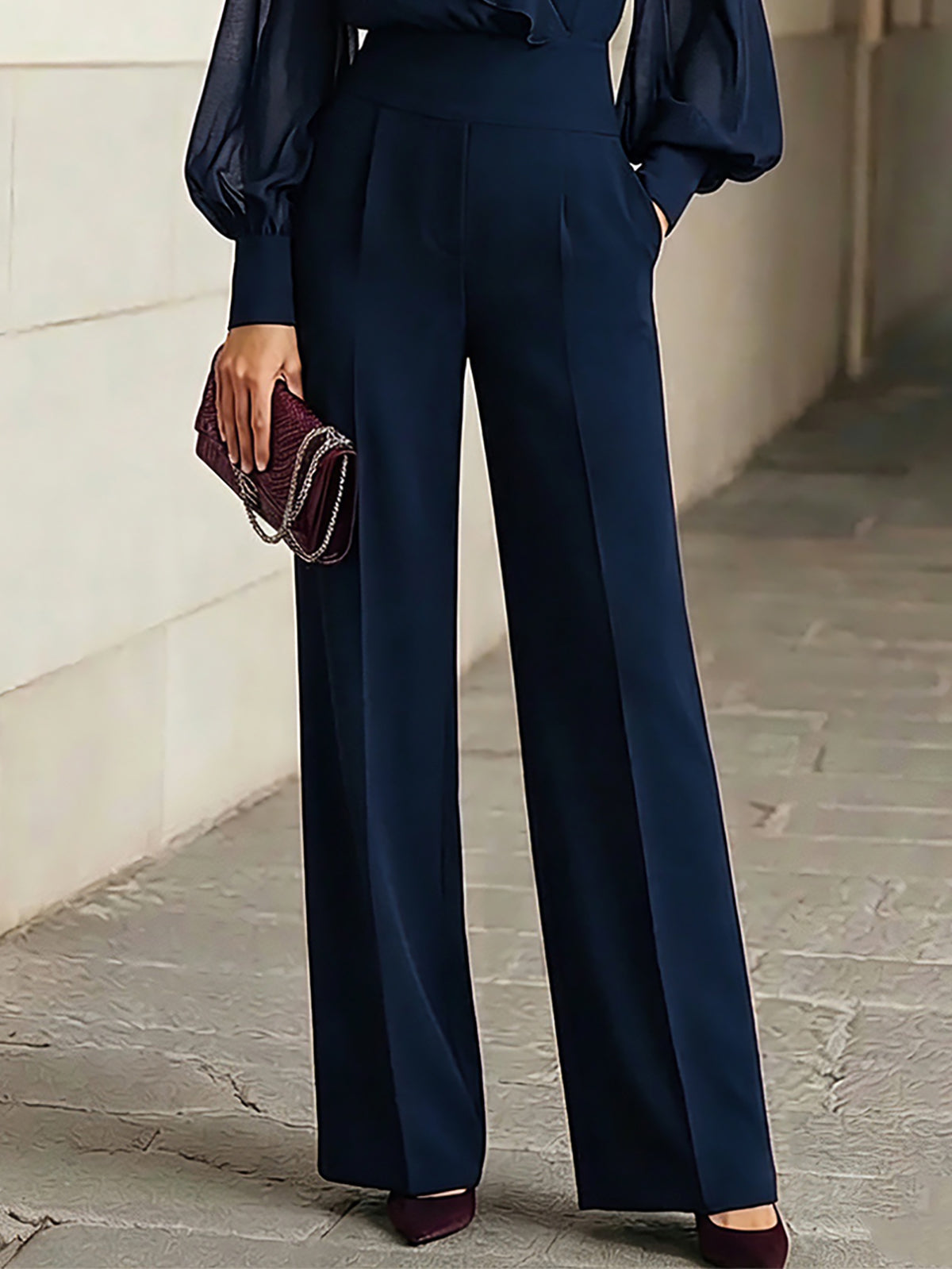 Ángela Navy Blue Ruffled Chiffon Top and Wide Leg Pants Two-Piece Set – Sienna Noosa