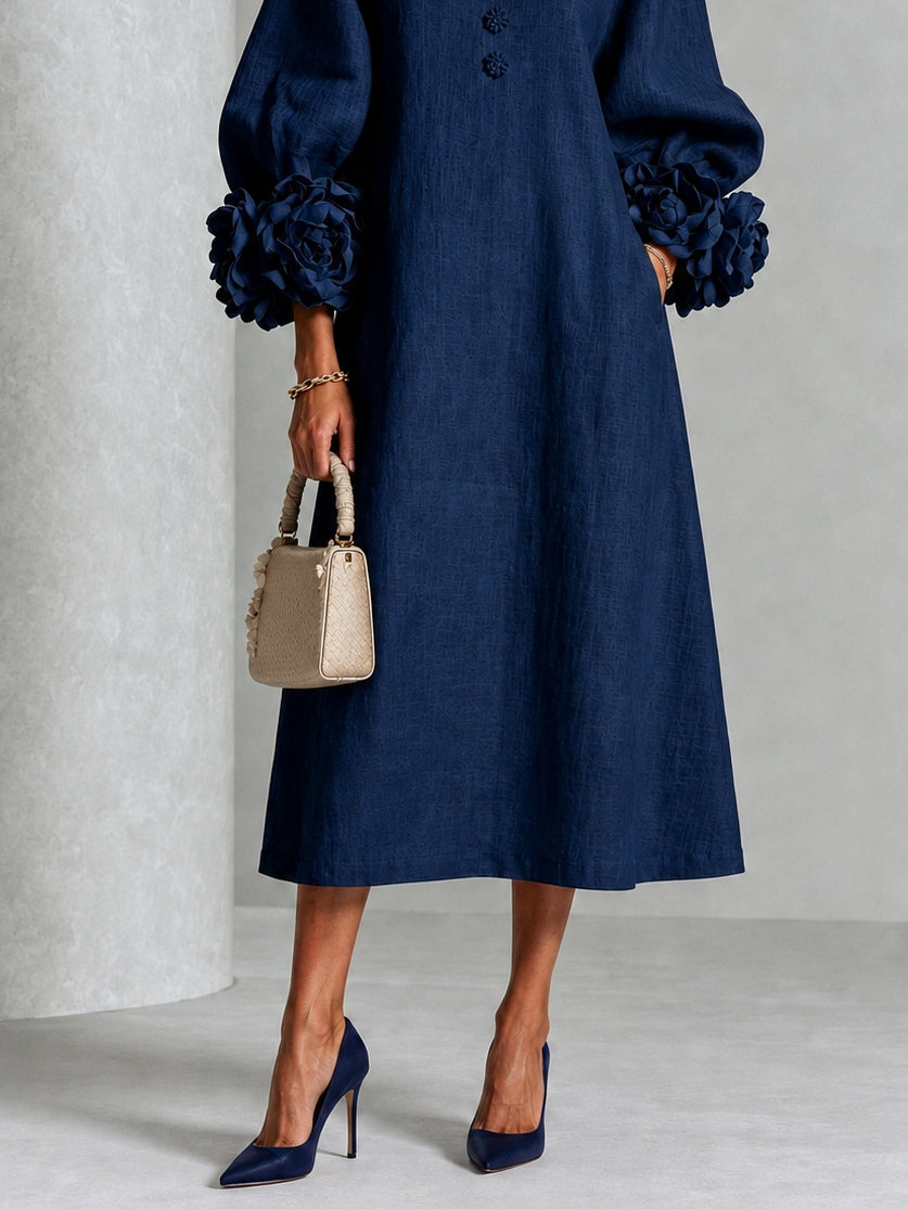 Navy Floral Button Down Midi Dress with Striking Floral Cuffs – Sienna Noosa