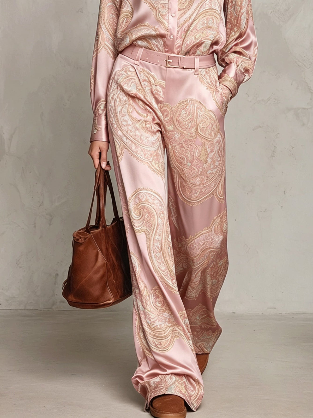 Pink Paisley Print Satin Long Sleeve Shirt and Wide Leg Trousers Set with Belt – Sienna Noosa