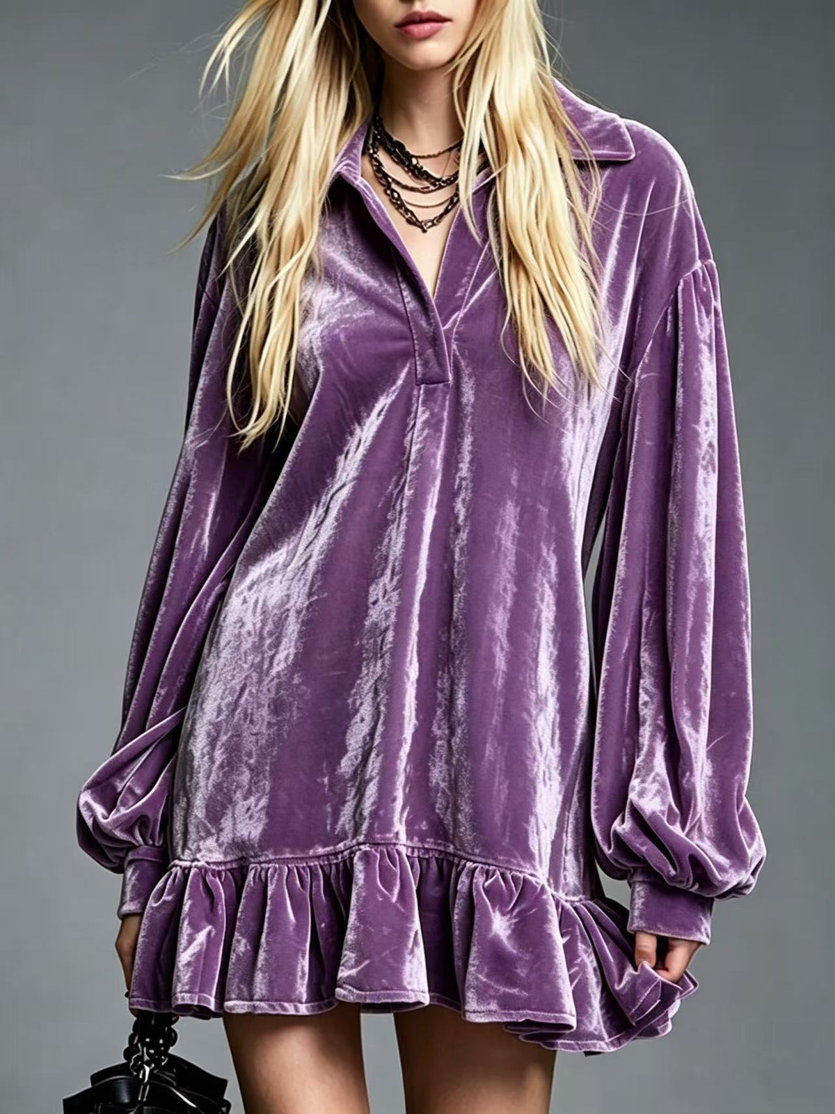 Eira Velvet Mini Dress with Lantern Sleeves Ruffled Hem – Sienna Noosa