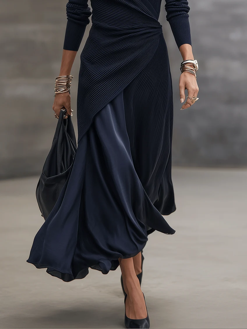 Navy V Neck Ribbed Asymmetrical Wrap Maxi Dress with Satin Paneling – Sienna Noosa
