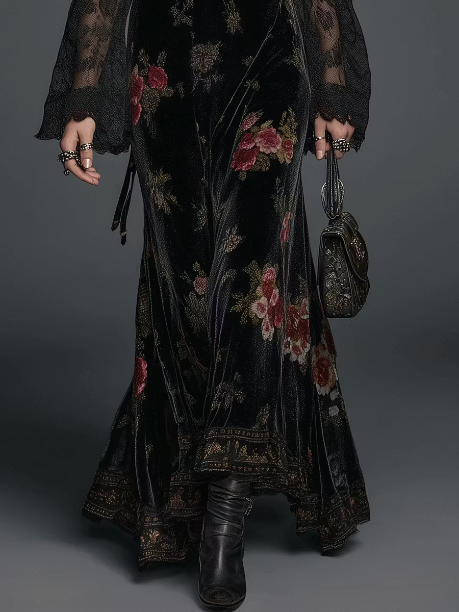 Rosalinda Black Velvet Maxi Dress with Floral Print and Lace Sleeves – Sienna Noosa