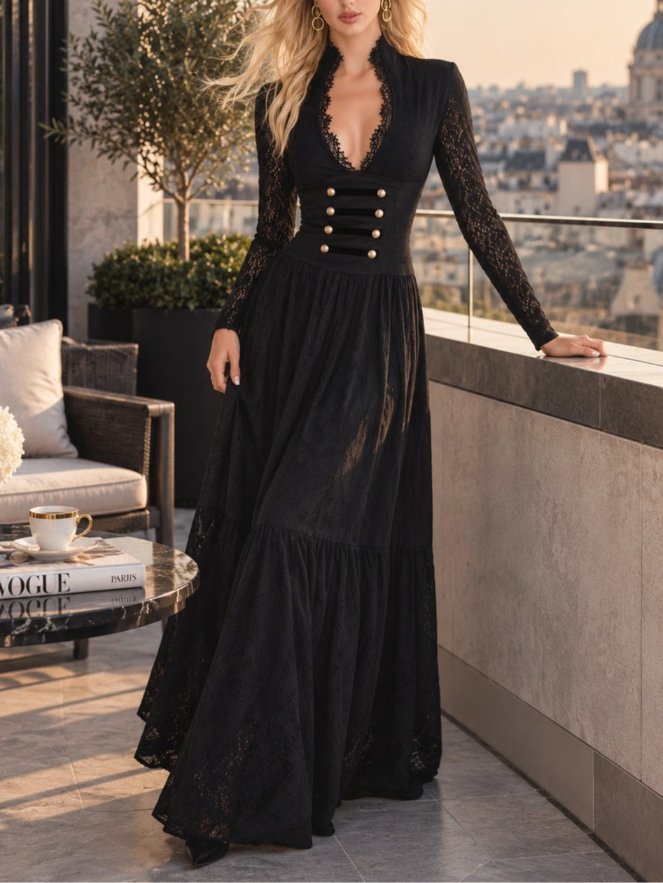 Gothic Black V-neck Lace Sleeve Gold Button Maxi Dress – Sienna Noosa