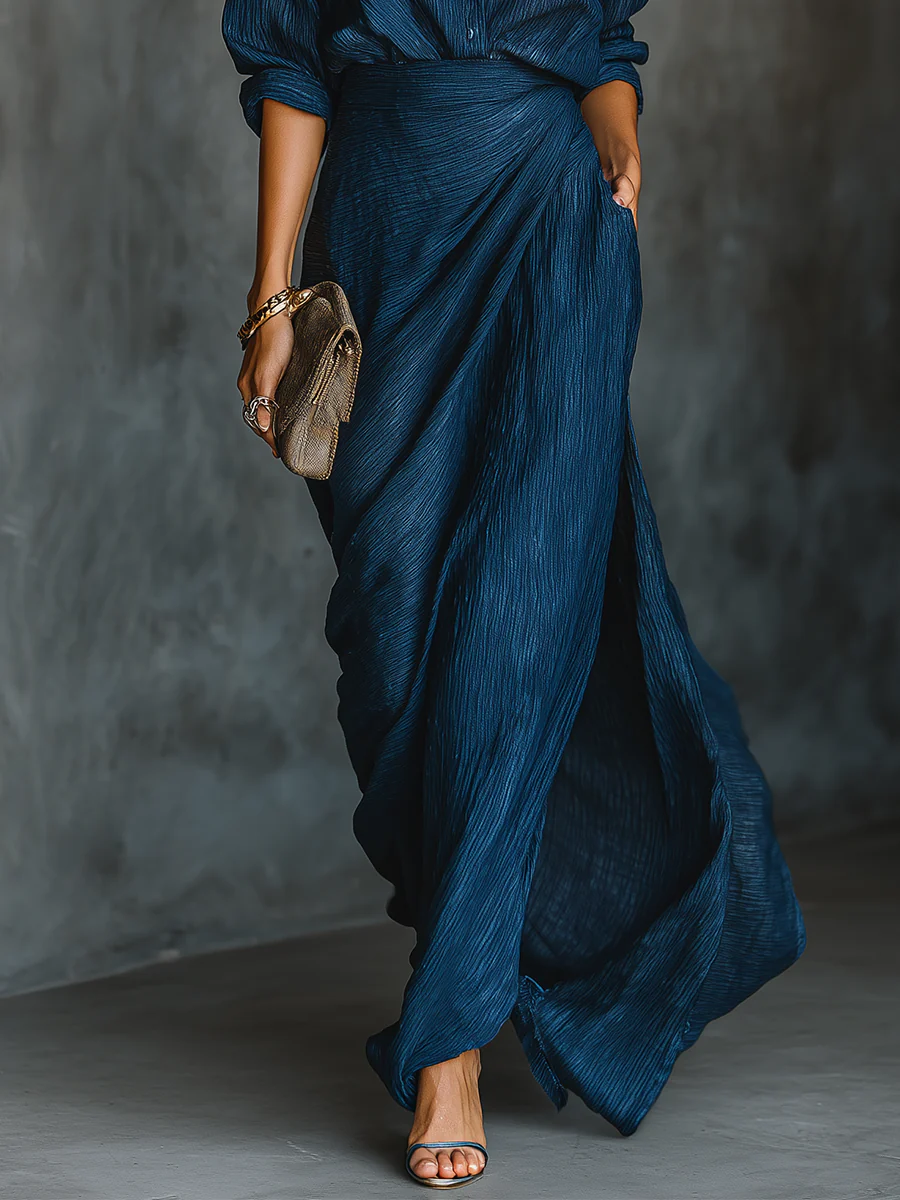 Clara Elegant Dark Blue Cotton and Linen Blend Shirt Long Skirt Set – Sienna Noosa