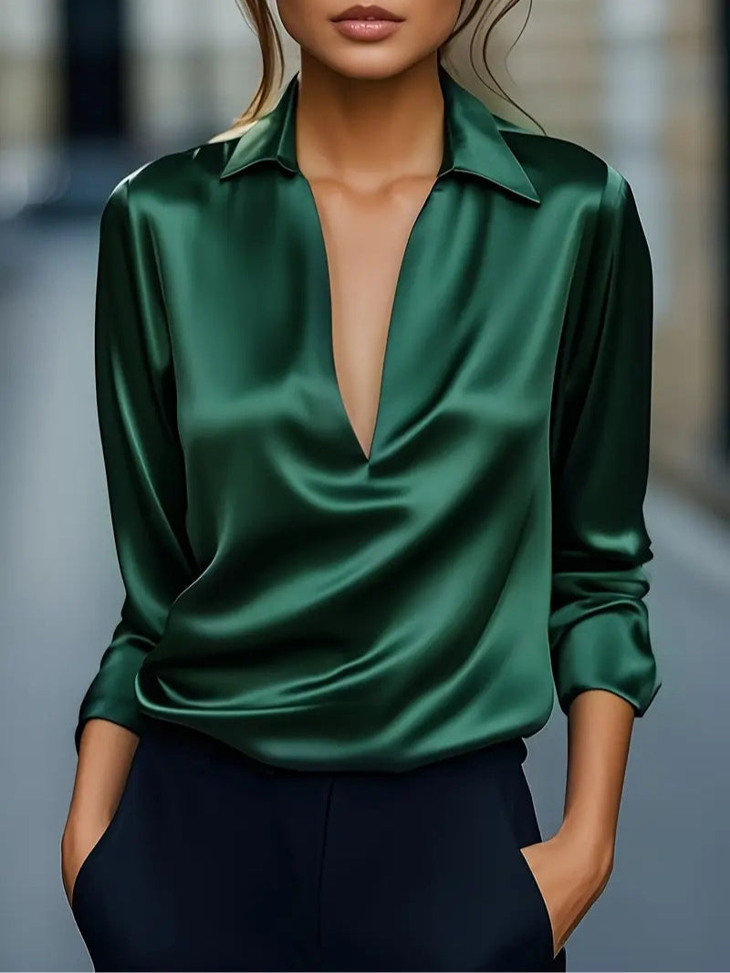 Solid Color Satin V-neck Long-sleeved Casual Shirt – Sienna Noosa