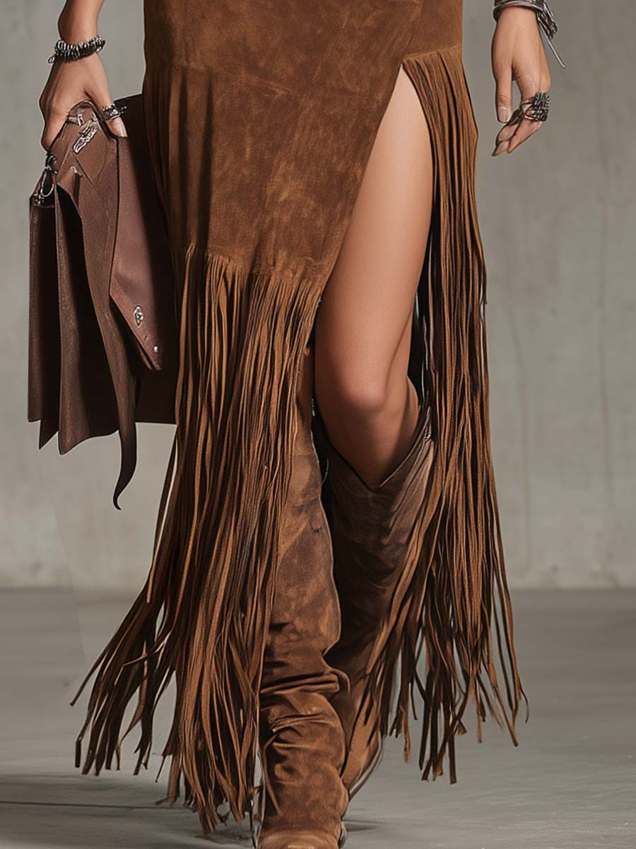Gilda Fringe Trimmed Faux Denim Irregular Suede Midi Skirt – Sienna Noosa