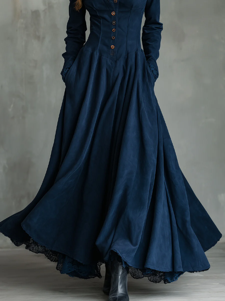 Gothic Dark Blue Faux Suede Lace Trimmed Shirt Collar Maxi Dress – Sienna Noosa