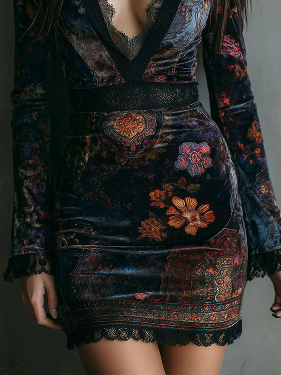Joanna Floral Print V Neck Velvet Lace Trim Slim Fit Mini Dress – Sienna Noosa