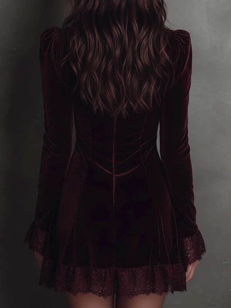 Julia Burgundy Velvet Lace Trimmed V Neck Mini Dress – Sienna Noosa