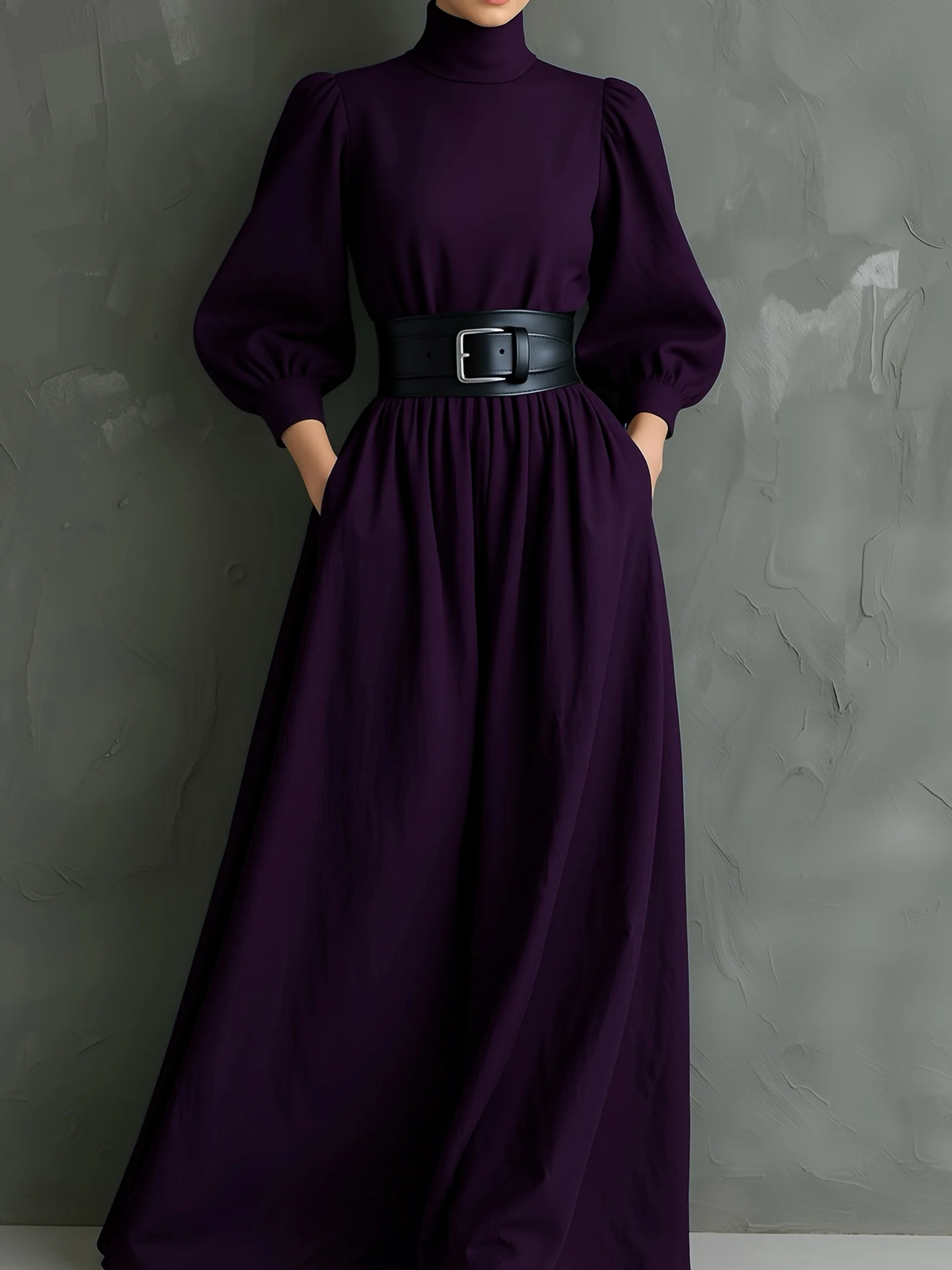 Elegant Dark Purple Turtleneck Long Sleeved Fitted Maxi Dress with Belt – Sienna Noosa