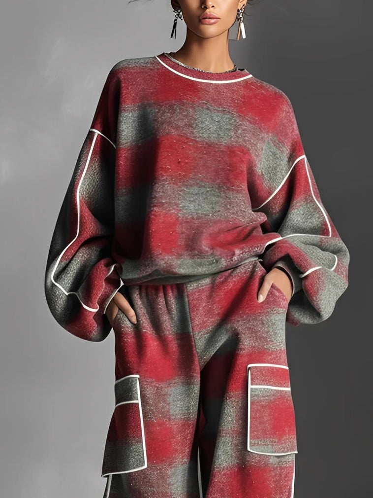 Judith Red and Gray Plaid Colour Blocked Sweatshirt and Casual Pants Two-Piece Set – Sienna Noosa