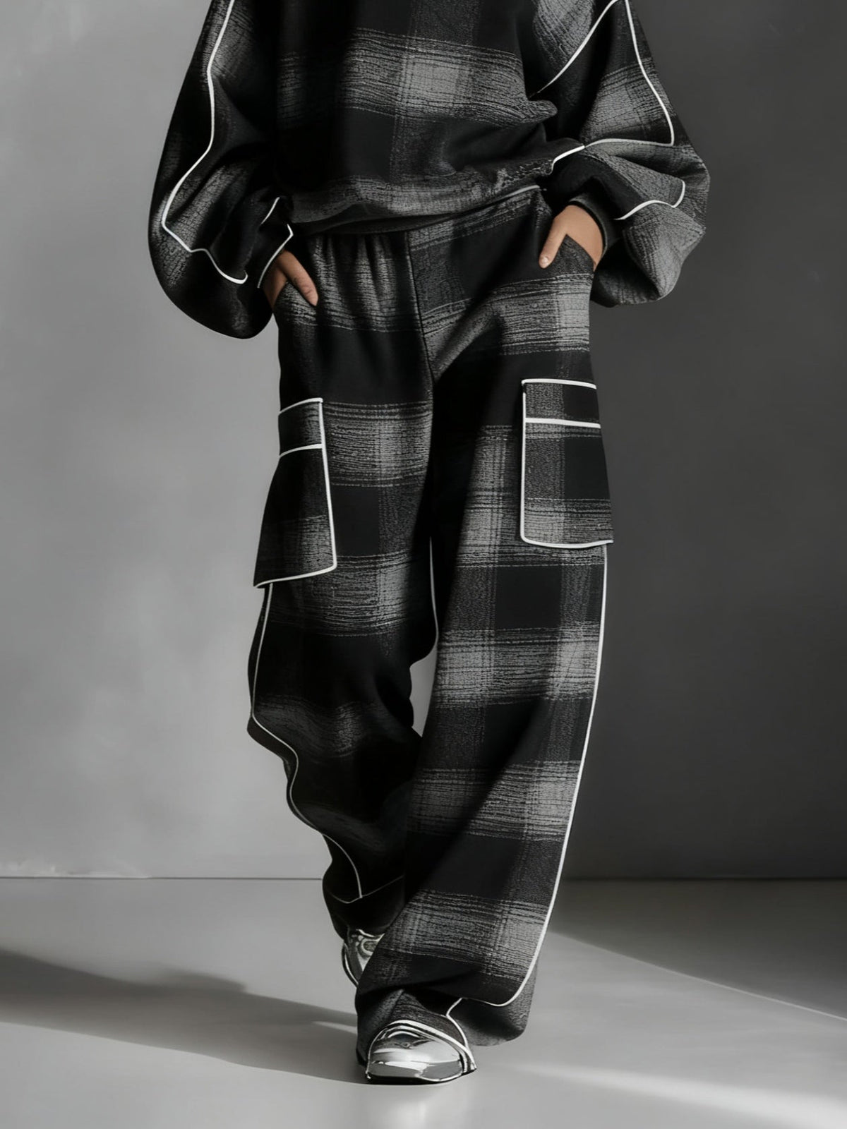 Black and Gray Plaid Colour Blocked Sweatshirt and Casual Pants Two-Piece Set – Sienna Noosa