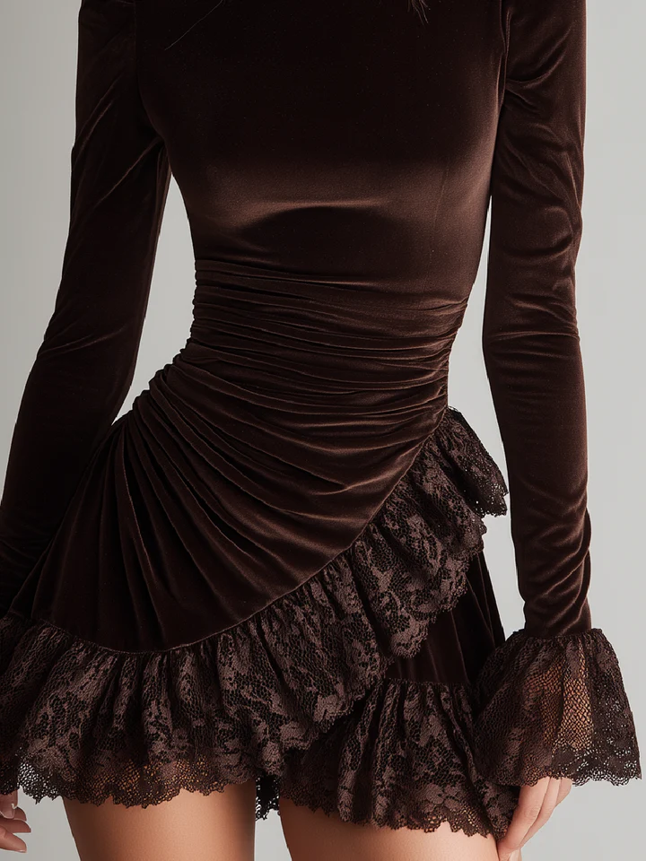 Freya Brown Velvet Turtleneck Ruffled Lace Hem Mini Dress – Sienna Noosa